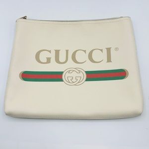 Auth GUCCI Logo Ivory Leather Portfolio Clutch Bag